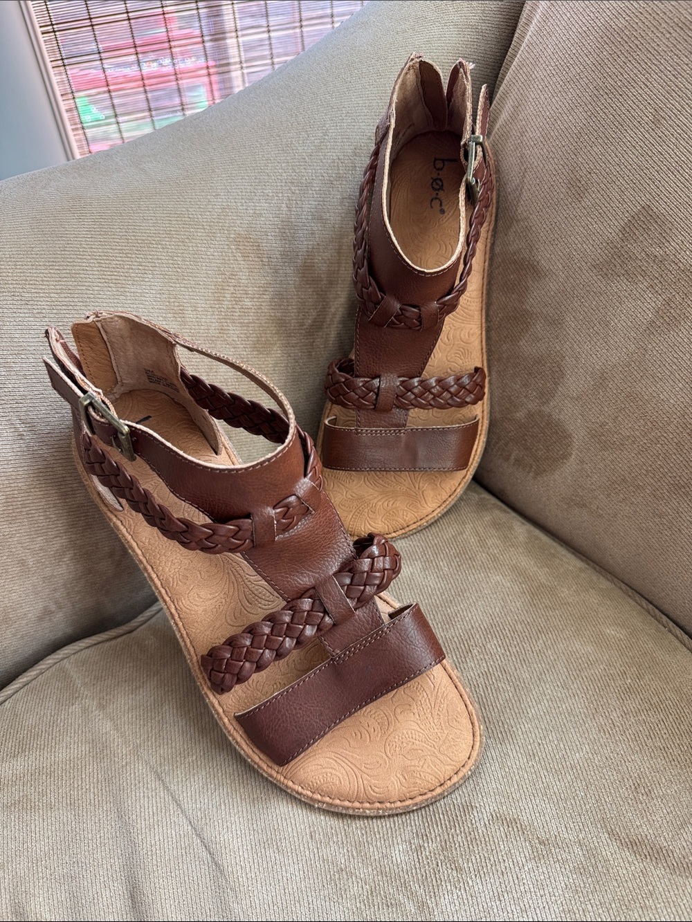 b.o.c. Brown Braided Leather Ankle-Strap Sandals